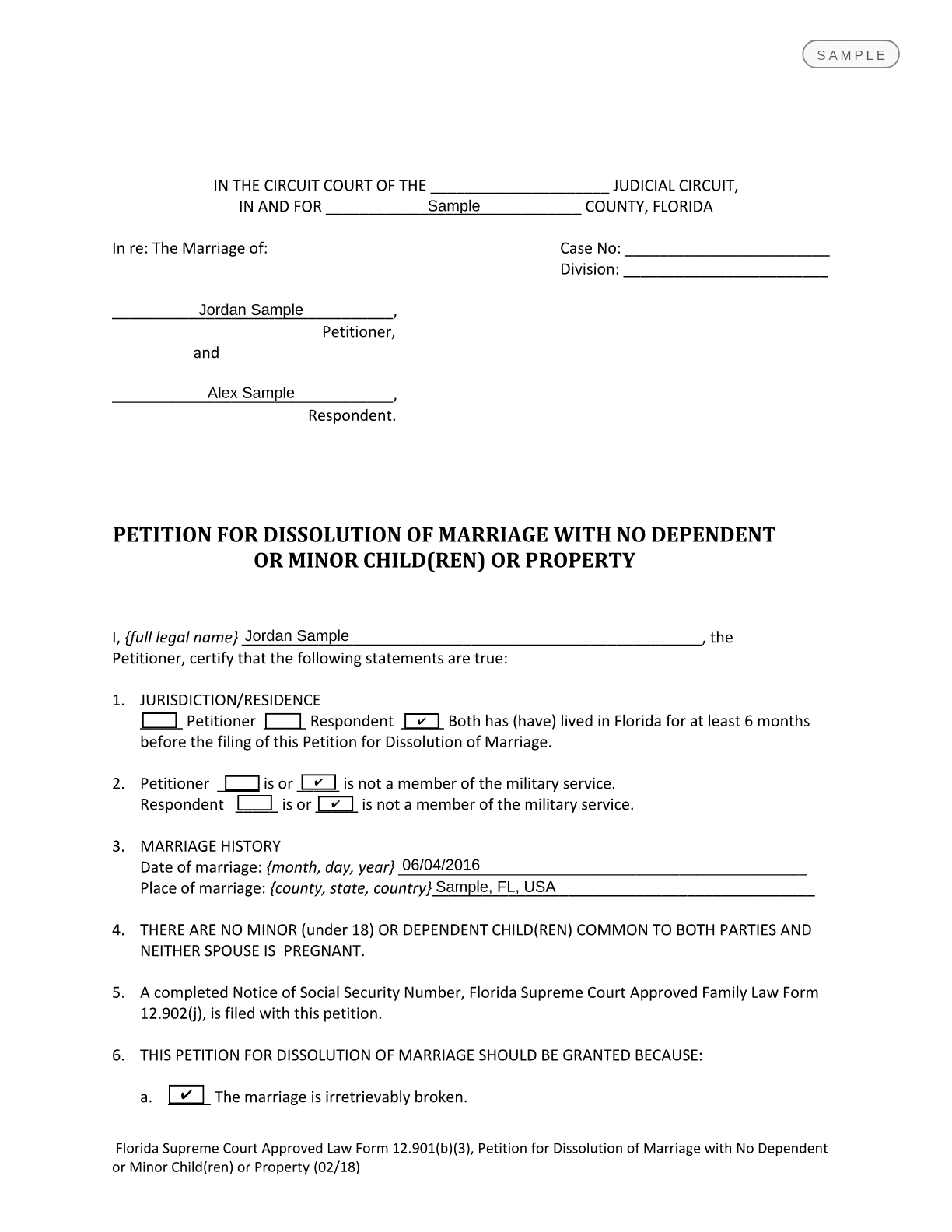 Sample first page of the Florida Supreme Court Approved Family Law Form 12.901(b)(3), Petition for Dissolution of Marriage with No Dependent or Minor Child(ren) or Property, prepared from sample answers
