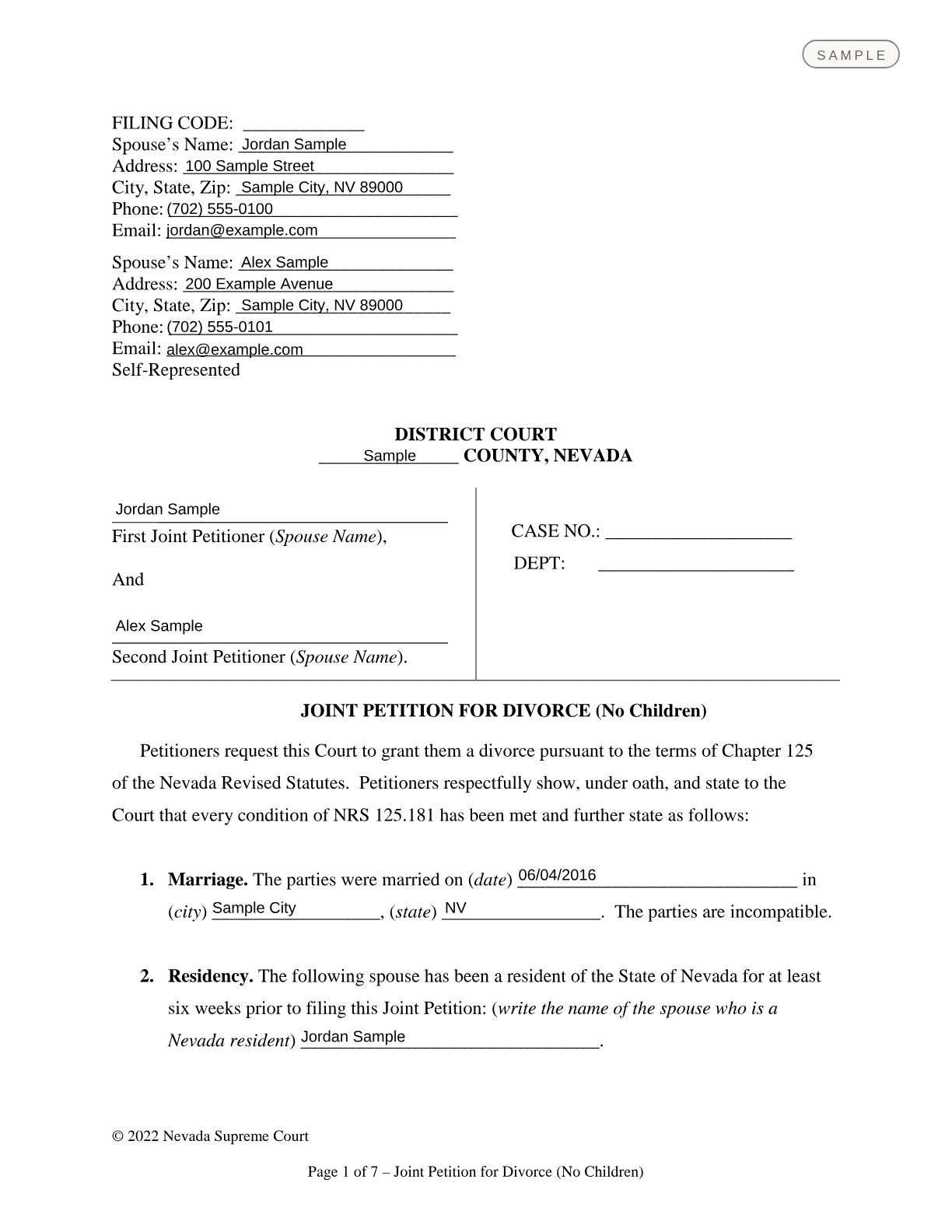 Sample first page of the Nevada Supreme Court Joint Petition for Divorce (No Children), prepared from sample answers
