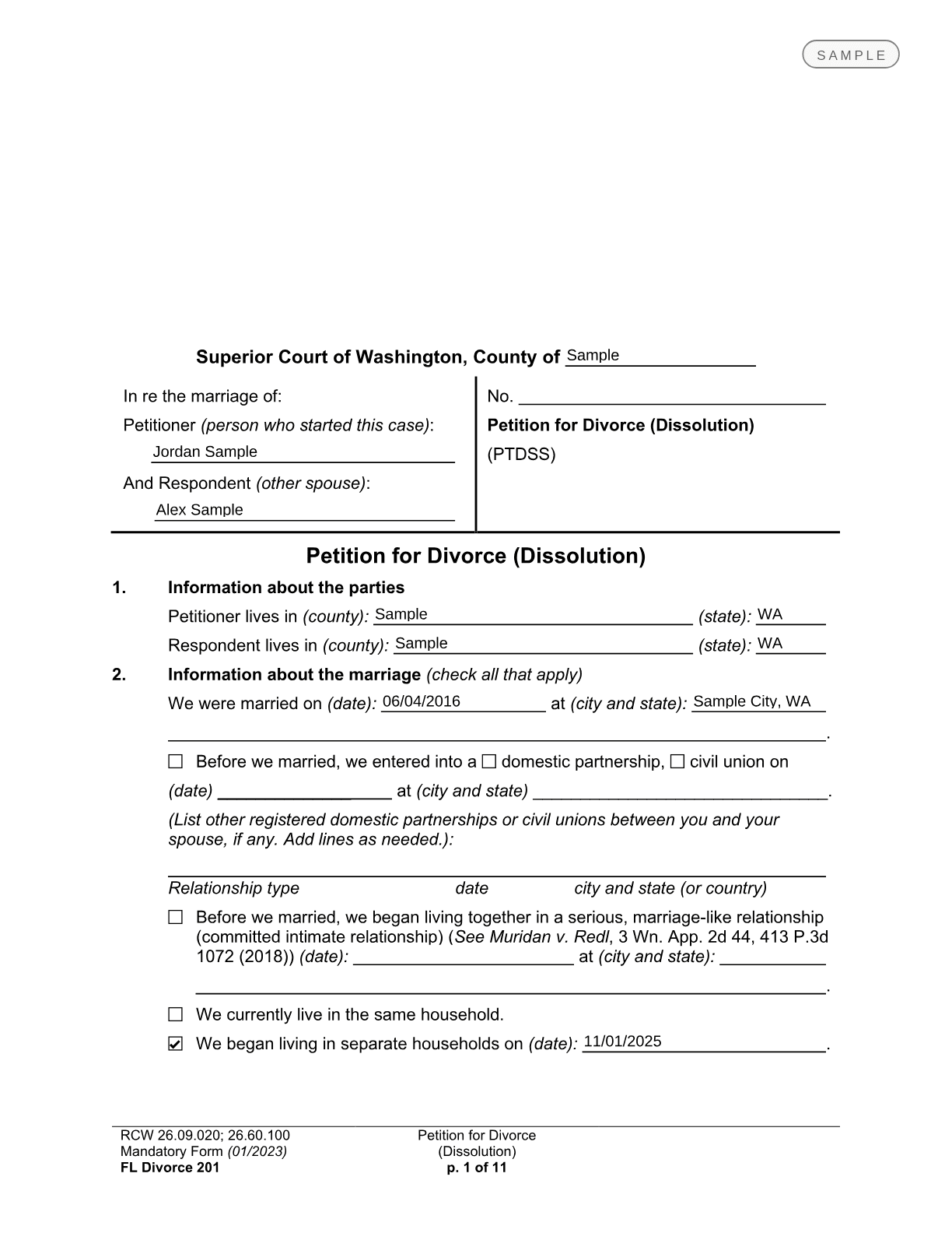 Sample first page of the Washington Courts mandatory form FL Divorce 201, Petition for Divorce (Dissolution), prepared from sample answers